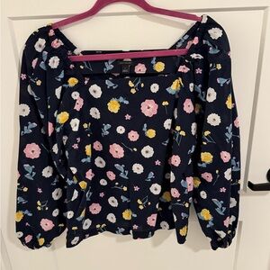 Ann Taylor Navy Floral Blouse Pink Yellow Square Neck Long Sleeve Size S